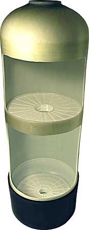 Cutaway photo of tank showing Cyclonic Distribuor System bottom plate and mid plate construction.