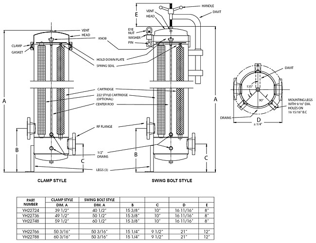 4 & 5 Round Cartridge Housings Dimensions Drawing